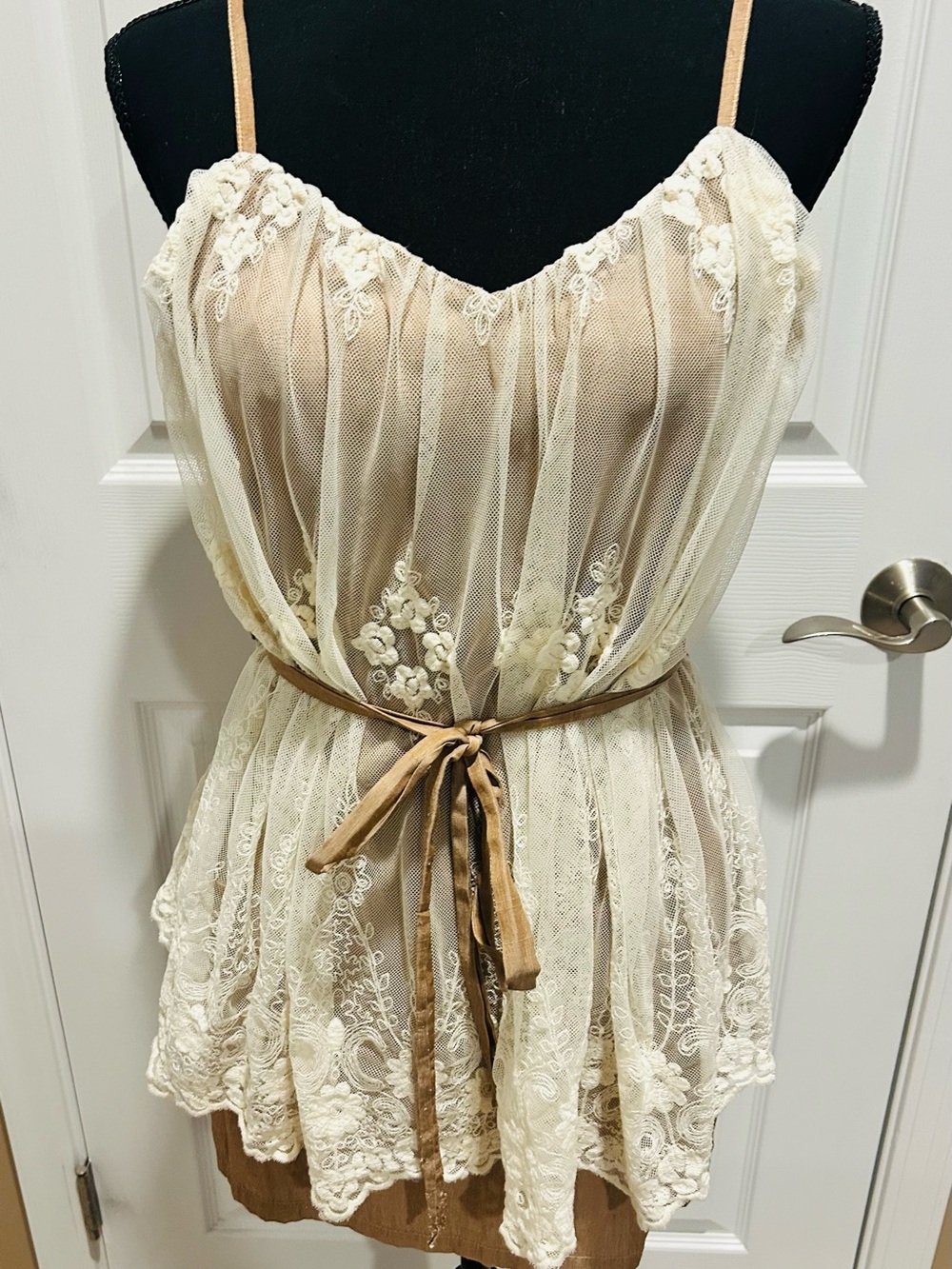 Hot & Delicious Cream Lace Overlay Tunic with Tan Belt